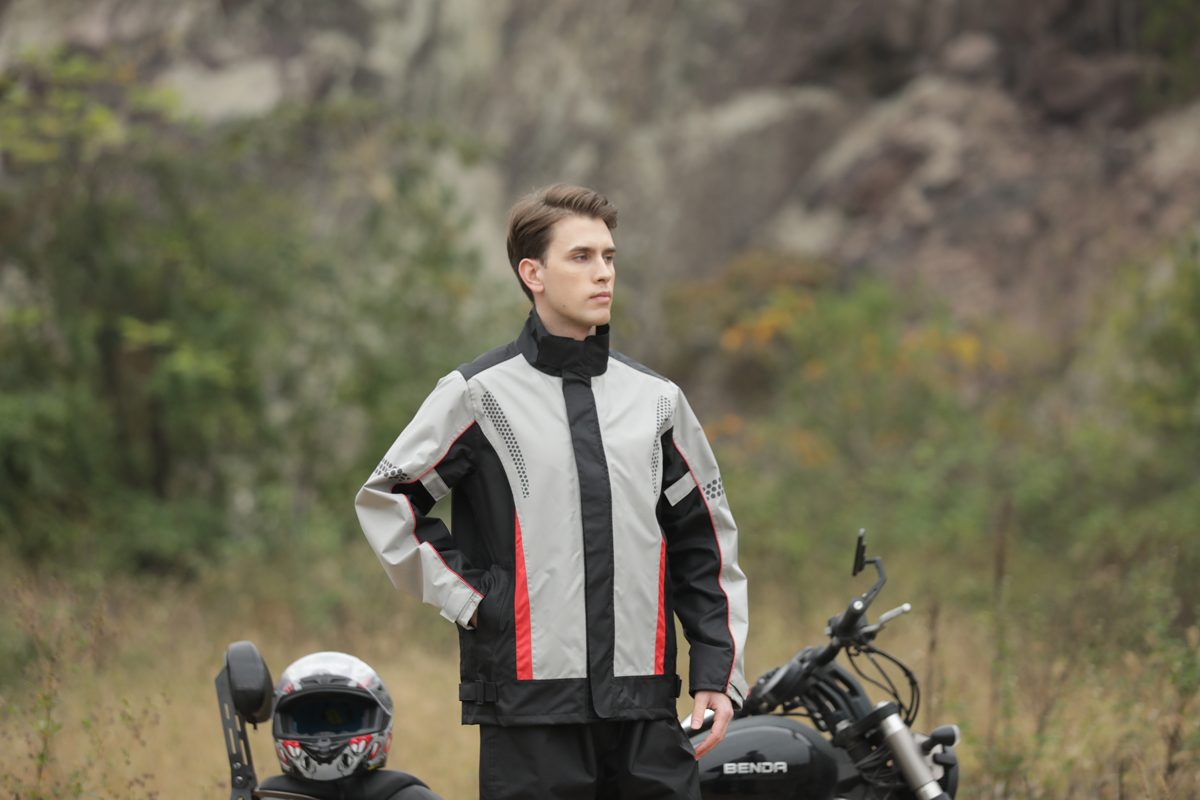 SN-117 jacket worn on the bike, three-quarter view